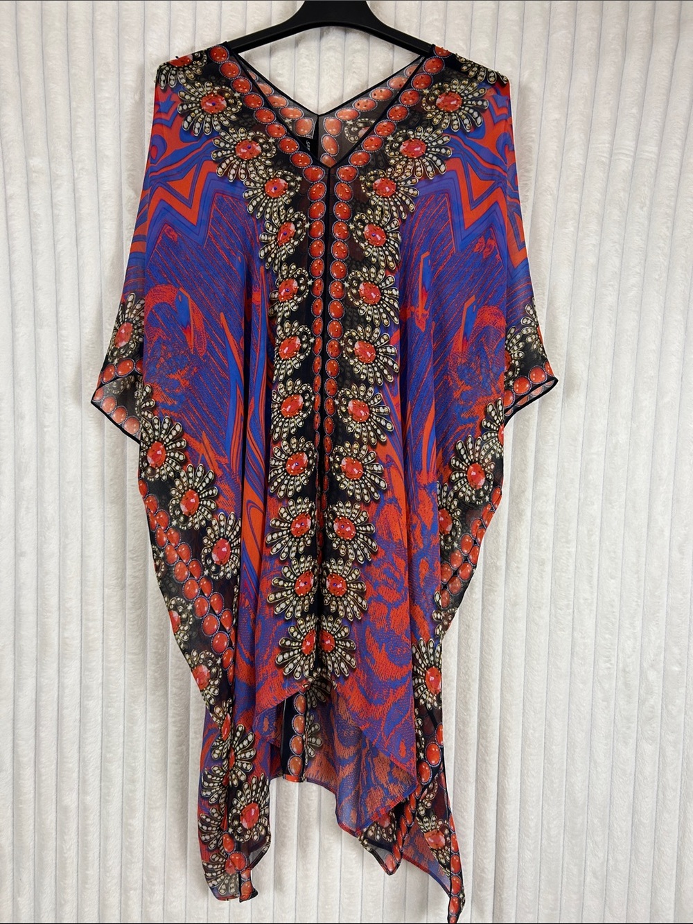 Vibrant Red & Blue Kaftan Top with rhinestones OS